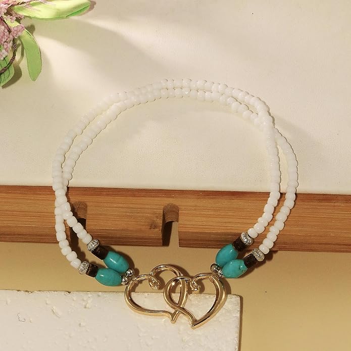 Elastic Beaded Ankle Bracelets for Women Double Heart Layered Stretch Ankle Bracelets Waterproof Dainty Boho Beaded Anklets for Summer Beach Foot Jewelry