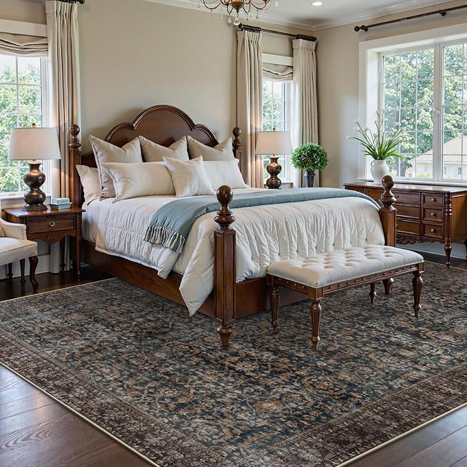 Collive Large Area Rug for Living Room 9x12, Washable Area Rug 9x12 Non Slip Vintage Antique Distressed Bedroom Carpet Ultra-Thin Low Pile Aesthetic Print Floor Rug for Dining Guest Office - Brick