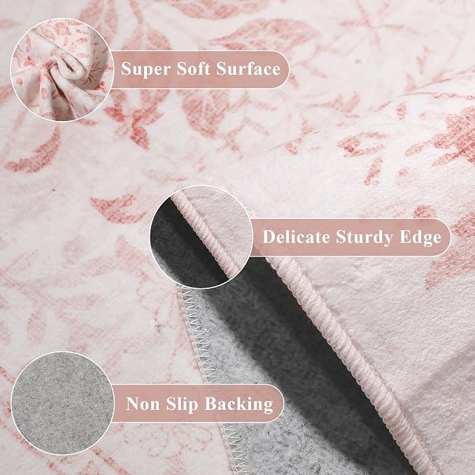 DUKINO 2.6x8 Runner Rug, Washable Vintage Floral Kitchen Rug, Pink | Non Slip, Low Pile, Non-Shedding, Stain Resistant, Soft Throw Carpet Runner for Hallway Bathroom Laundry Entryway Farmhouse