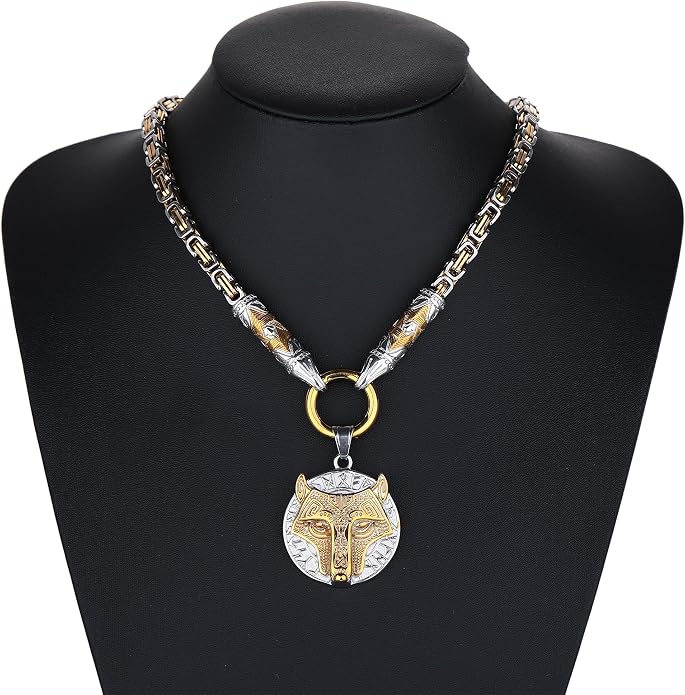 ROWIN&CO Viking Necklace for Men, Stainless Steel Nordic Runes Wolf Head Spearhead & Trinity Knot Pendant with Byzantine Chain Amulet, Norse Mythology Pagan Gothic Biker Jewelry Gift