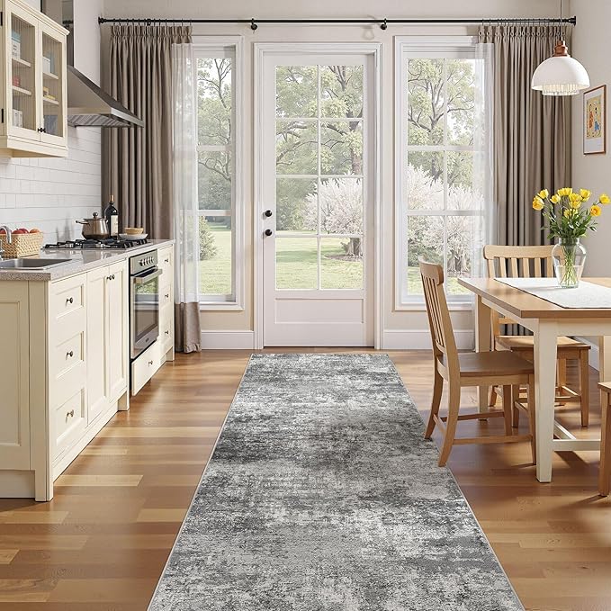 DMOYEST 3x10 Washable Runner Rug, Non Slip Low Pile Carpet Runner for Hallway and Entryway, Kid & Pet Friendly Abstract Modern Area Rug for Kitchen and Dining Room - Grey