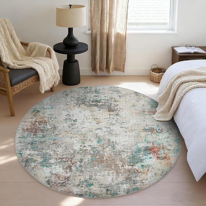 ROYHOME Modern Abstract 8x8 Round Area Rug Non Slip Non Shedding Rug Low Pile Stain Resistant for Bedroom Living Room Office Dining Room,Colorful