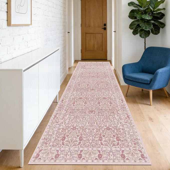 Washable 2'6" x 8' Runners for Hallways, Non Slip Long Floor Runner for Kitchen, Entryway Indoor, Stain Resistant Rubber Backing Floral Decor Rug (Pink)