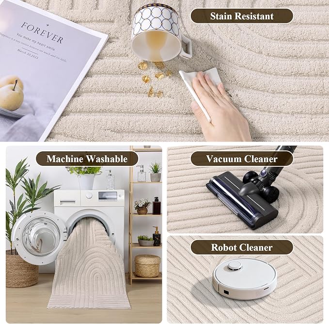 SHACOS Soft Cozy Fluffy Arch Pattern High-Low Pile Runner Rugs 2'x10' Non Slip Washable Scandinavian Minimalist Rug Runner Modern Geometric Carpet for Living Room Bedroom Bathroom Hallway, Beige