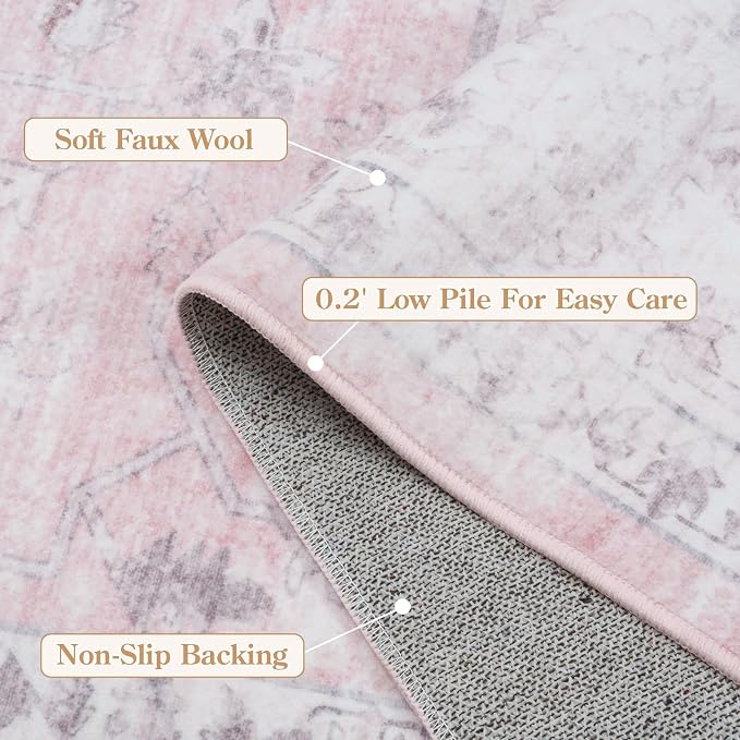 LIVEBOX Pink 9x12 Area Rug for Bedroom Girls, Boho Washable Rugs for Living Room Nursery, Non-Slip Indoor Soft Carpet Low-Pile Farmhouse Carpets for Dining Room Kids Playroom, Pink