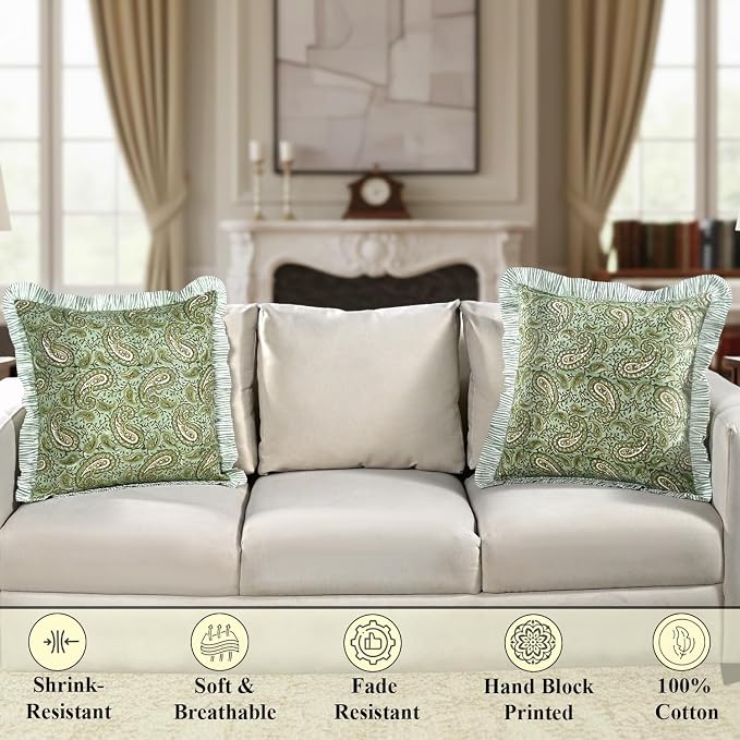 Ridhi Nostalgic Naturals Block Print Ruffle Throw Pillow Cover 18" x 18" (Pack of 2) Decorative Cushion Covers with Ruffle for Couch, Sofa, Bed, Living Room, Home Decor Gift for Spring, Mother's Day