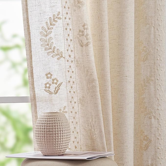 jinchan Floral Linen Curtains 84 Inch Farmhouse Back Tab 2 Panels Ivory | Embroidered curtains,boho curtains,living room,bedroom,light filtering,privacy,flower patterned drapes,window treatment