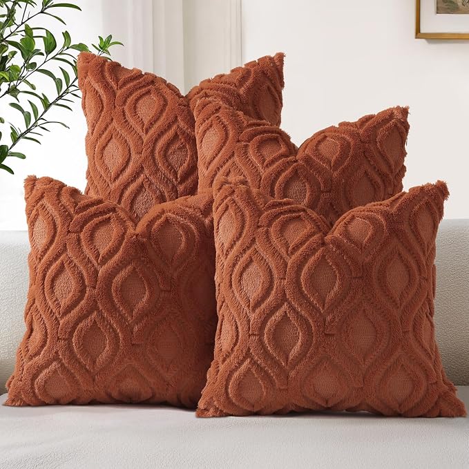 decorUhome Rust Faux Fur Soft Throw Pillow Covers 16X16 Set of 4 | Fall Neutral Decorative Plush Couch Pillow Covers, Accent Modern Farmhouse Neutral Pillow Cases for Sofa Bed Living Room