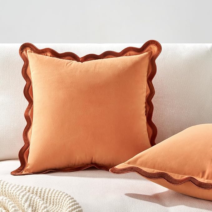 MONDAY MOOSE Decorative Throw Pillow Covers Cushion Cases, Set of 2 Soft Velvet Scalloped Wavy Edge Designs, Mix and Match for Home Decor, Pillow Inserts Not Included (22x22 inch, Rust/Coral)
