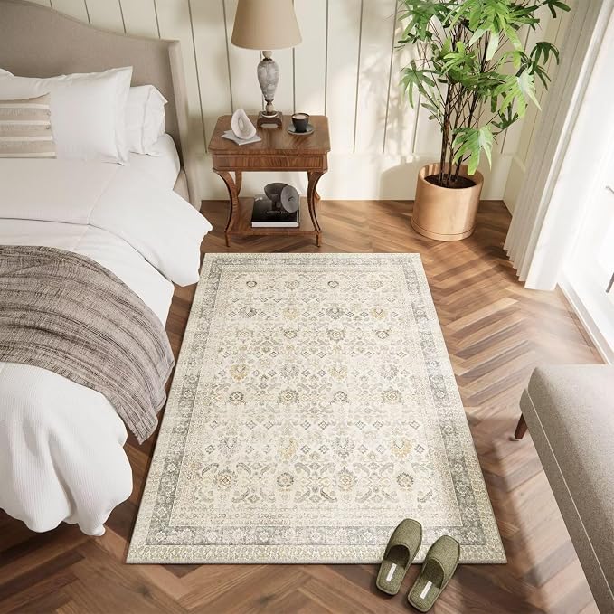 Washable 3x5 Entryway Rug, Boho Vintage Non-Slip Door Mat, Beige/Grey | 0.3" Neutral Throw Small Rugs for Bedroom Kitchen Nursery Entrance, Cushioned for High-traffic Area