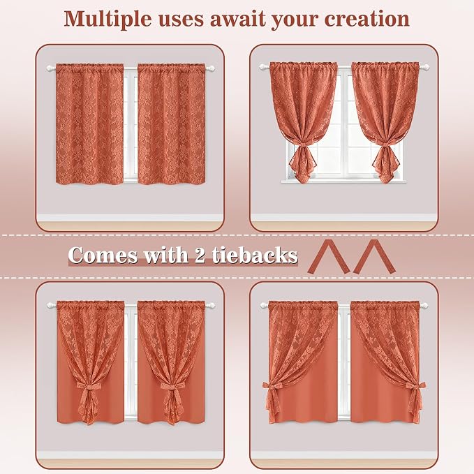 Yinhua Terracotta Kitchen Curtains 36 Inch Length Double Layer Curtain Farmhouse Blackout Curtains for Kitchen Rod Pocket Short Curtain for Windows, Bathroom, Living Room, 2 Panels