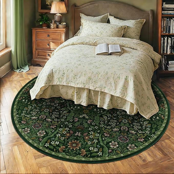 Round Rug 8ft Dark Green Washable Floral Circle Rug,Vintage Boho Botanical Round Area Rugs, Non-Slip Soft Low-Pile Circular Carpet for Bedroom,Kids Room,College Dorm,Home Decor