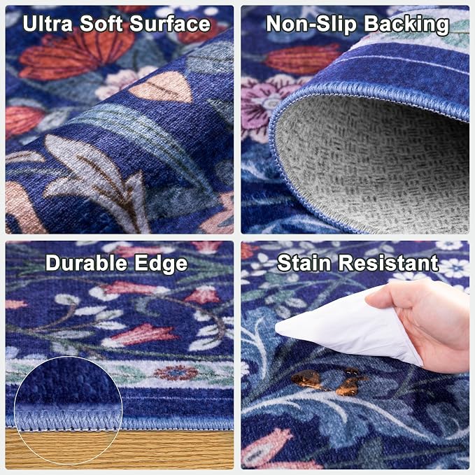 Round Area Rug for Living Room: 8 ft Floral Washable Circle Rug Soft Boho Non-Slip Carpet Indoor Floor Stain Resistant Low Pile Small Circular Rug for Bedroom Entryway Kitchen Nursery Blue