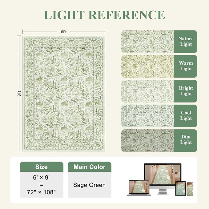 DUKINO 6x9 Area Rug Vintage Floral Washable Rugs for Living Room Sage Green | Non Slip, Low Pile, Non-Shedding, Stain Resistant Soft Large Carpet for Bedroom Home Office Dining Room Farmhouse, Home Decor