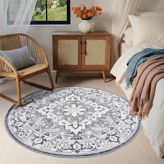 Lessymo 4FT Washable Round Area Rugs for Living Room, Non Slip Circle Rugs Low Pile Vintage Carpet for Bedroom, Dining Room, Nursery, Home Office, Grey Beige
