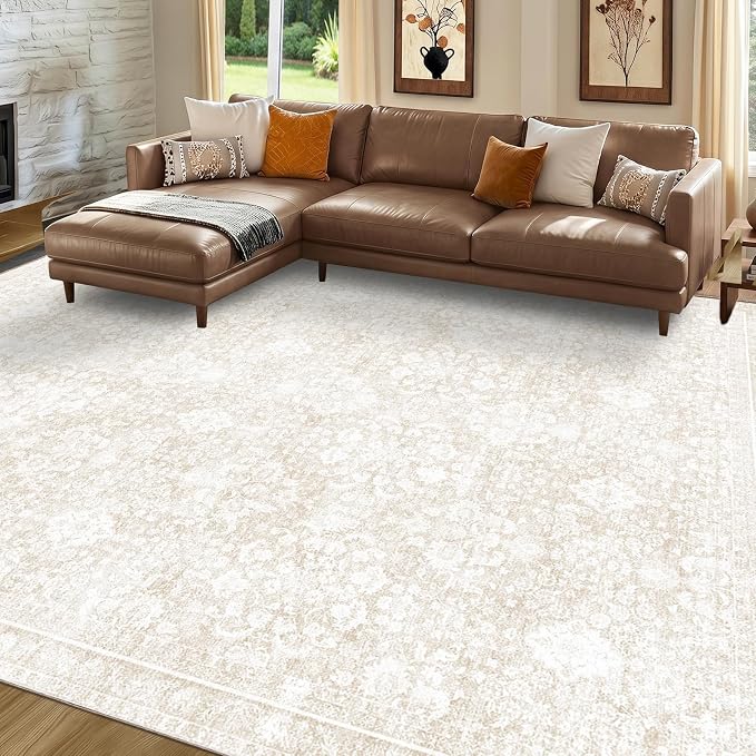 Sasttie 8x10 Area Rugs, Ultra-Soft Washable Rug, Low Pile Foldable Thin Carpets with Non-Slip Backing, Skin-Friendly Stain Resistant Carpet for Living Room, Bedroom, Kitchen, Dorm, 8x10, Cream