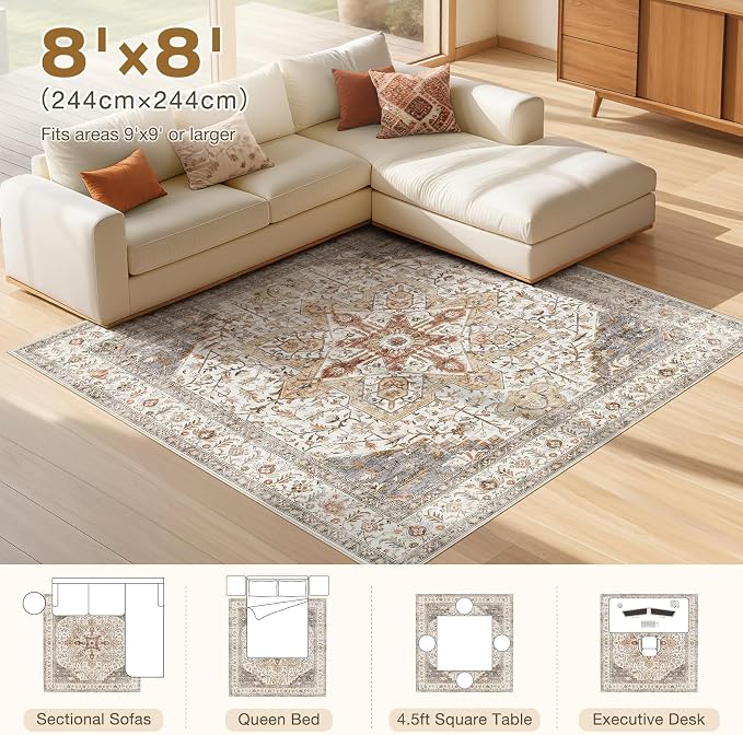 Tortania 8' Square Area Rug Living Room Rugs - Washable Boho Rug Vintage Oriental Distressed Farmhouse Large Thin Indoor Carpet for Bedroom Under Dining Table Home Office - Orange Multi