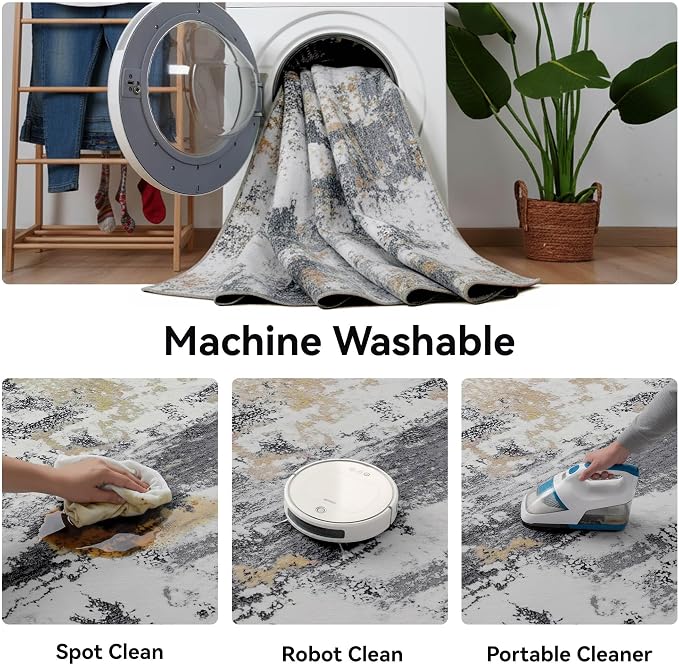 Kelarea Washable Area Rug for Living Room, 5x7 Non Slip Modern Abstract Grey Rugs, Easy Clearning Low Pile Large Carpet for Bedroom, Dining Room, Nursery, Office