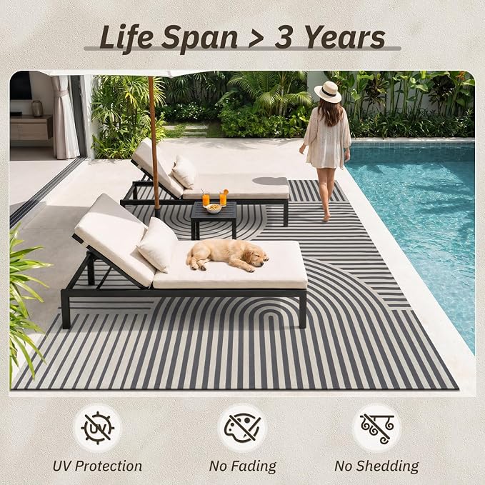 AMOAMI Outdoor Rug Patio Rug 9x12 ft Quick Dry Flatweave Textured Machine Washable Outdoor Carpet with Rubber Particles Backing Boho Outdoor Area Rug for Patio Deck Front Porch Balcony Greyish Black