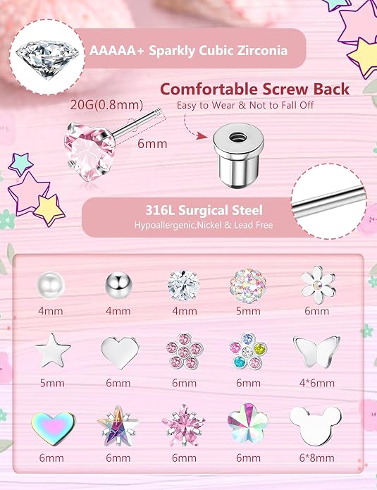 CASSIECA 16 Pairs Hypoallergenic Screw Back Earrings for Women Girls 316L Stainless Steel CZ Ball Heart Flower Screwback Flat Back Stud Earrings Jewelry Gift Women Multicolored Pink