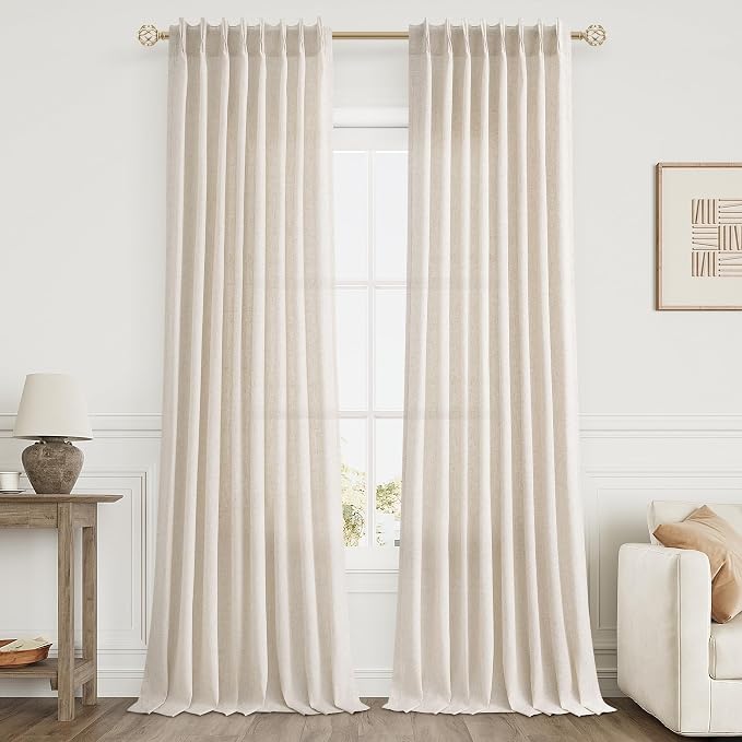 Aersas Natural Pinch Pleat Linen Curtains 130 Inch Length 2 Panels Set for Bedroom Dining Room Semi Sheer Linen Boho Farmhouse Neutral Window Curtains for Living Room Nursery Natural Cream 50x130