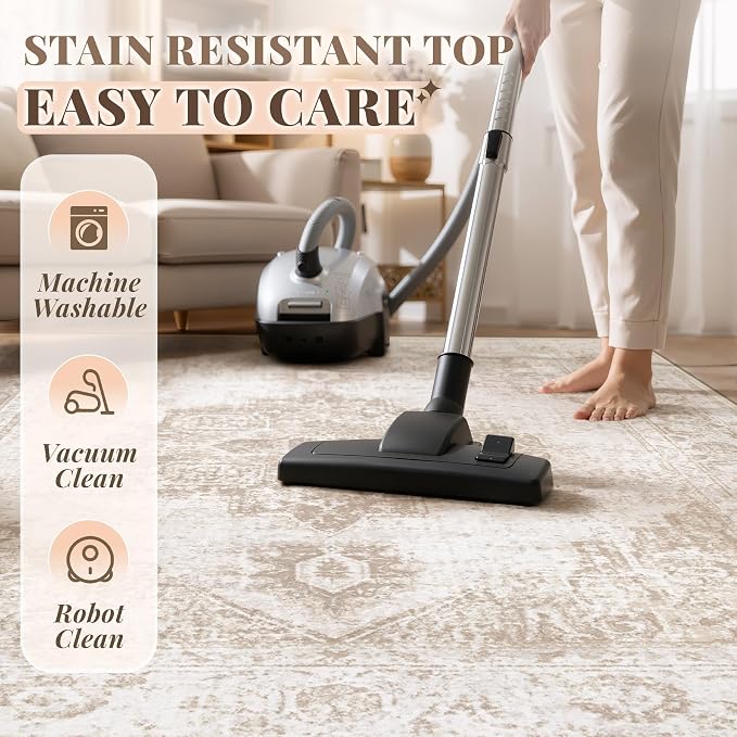 Area Rug 2x6 Runner Rug: Washable Vintage Hallway Rugs Indoor Medallion Rug Low Pile Distressed Floor Carpet Retro Accent Rugs for Kitchen Bedroom Bathroom Dining Room(Beige, 2'x6')