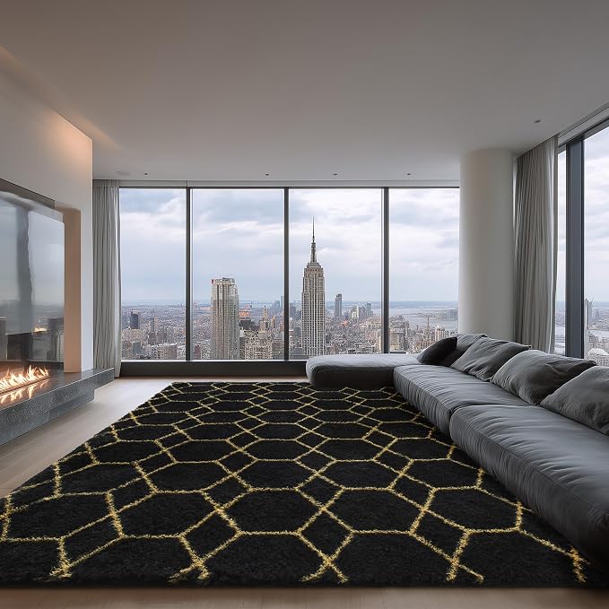 Fluffy Rug for Living Room, Soft Modern 8x10 Black and Gold Shag Area Rugs | Non Slip Black Carpet for Bedroom, Home Decor Aesthetic, Washable Large Fuzzy Plush Floor Mat for Nursery Teen Dorm