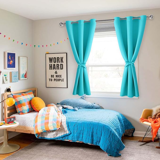 Hiasan Short Blackout Curtains for Bedroom - Thermal Insulated & Light Blocking Window Curtains for Living Room, 2 Drape Panels Sewn with Tiebacks, Turquoise, 42 x 45 Inch