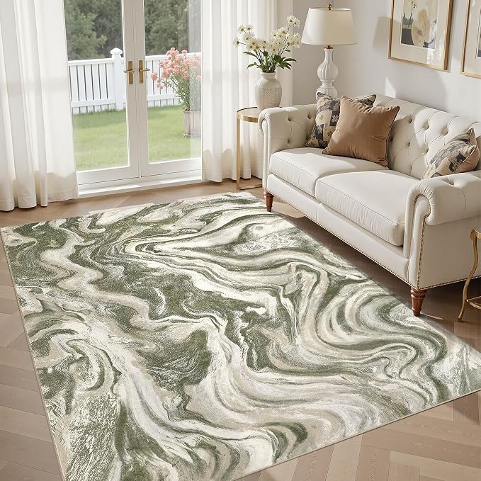 DMOYEST Living Room Area Rugs-6x9 Abstract Large Soft Indoor Washable Rug Neutral Modern Low Pile Carpet for Bedroom Dining Room Farmhouse Home Office-Olive Green