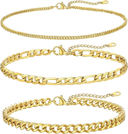 FOCALOOK Anklet Bracelets Set for Women, 14K Gold Plated Waterproof Cuban Link Chain Layered Anklets Set for Plus Size Ankle 8-10.5 Inch Adjustable Summer Beach Jewelry Gift