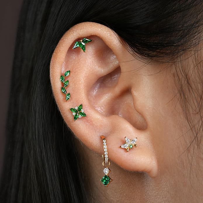 FINE4U ASTM F136 Titanium Piercing Jewelry Stud - 16G 6mm 8mm Triple Marquise Lotus Flower Cartilage Earring, Hypoallergenic Flatback Bridal Jewelry