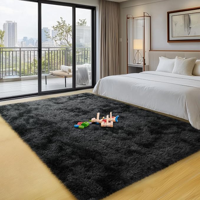 qulint 4x6 Area Rug for Bedroom, Fluffy Rugs for Living Room, Black/Grey | Small Fuzzy Tie-dyed Black Gray Carpet, Plush Shaggy Alfombras for Boy room Dorm Classroom Nursery Home Decor