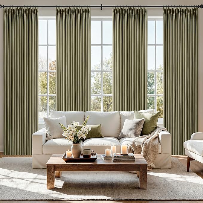 MIULEE Pinch Pleated Thick Linen Curtains 90 Inch 4 Panels Set Back Tab Memory Trained Pinch Pleat Semi Sheer Light Filtering Curtains Let Light in Window Drapes for Living Room Bedroom Olive Green