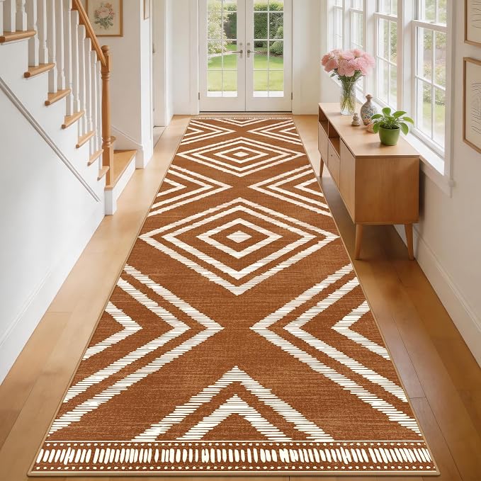 3x16ft Boho Hallway Runner Rugs Washable Non Slip, Long Brown Entryway Rug Runners Non Shedding, Geometric Kitchen Floor Carpets for Doorway Entrance Farmhouse Living Room Home Decor