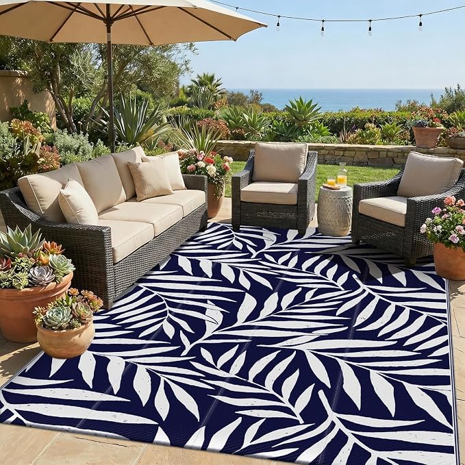 Smiry Outdoor Rug 5x8 ft, Waterproof Reversible Plastic Straw Rugs, Outdoor Area Rug with Leaf Pattern, Outside Floor Mat for Patio, Backyard, Deck, Picnic, Beach, Camping, Navy & White