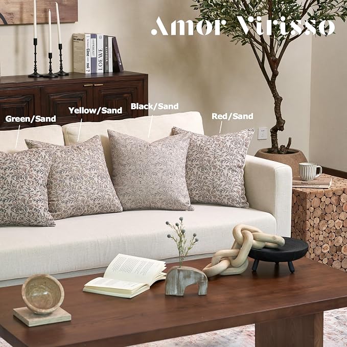 Amor Virisso Floral Throw Pillow Covers 20x20 Set of 2 Vintage Block Print Pillow Covers Decorative Pillow Covers Couch Pillows for Living Room Farmhouse Accent Sofa Pillows, Black/Sand