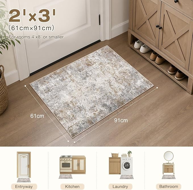 UERMEI 2x3 Entryway Area Rug, Machine Washable Neutral Modern Small Carpet, Non-Slip Low Pile Front Door Mat for Inside House Kitchen and Bathroom, Kid & Pet Safe, Brown Grey