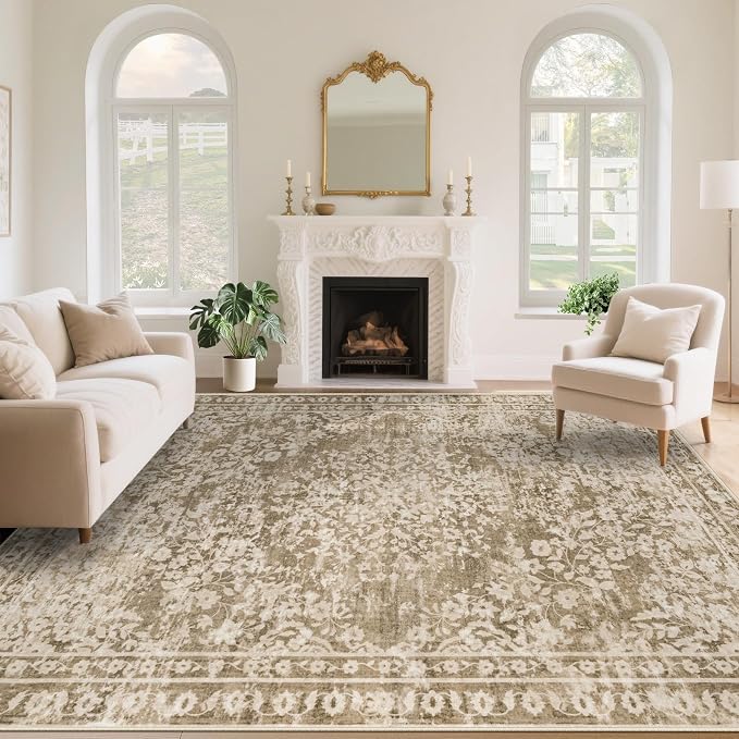 Vintage Living Room Area Rug - 8x10 Large Machine Washable Boho Area Rug Distressed Floral Rugs for Bedroom, Soft Non-Slip Indoor Floor Accent Rugs for Office Dining Room (Floral Brown, 8'x10')