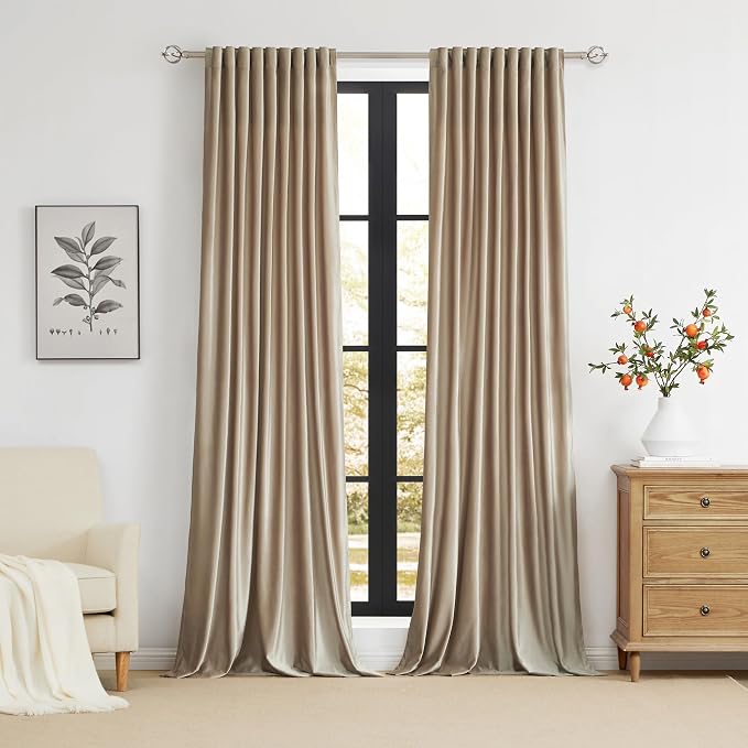 100% Full Blackout Champagne Beige Velvet Curtains 108 inch Long for Living Room,Set of 2 Liner Rod Pocket Back Tab Thermal Window Curtains Room Darkening Heavy Decorative Curtains Drapes for Bedroom