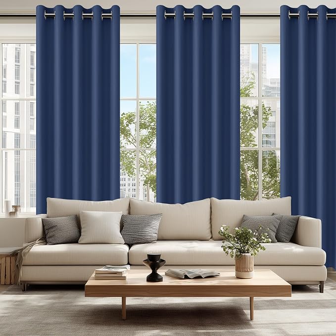 Hiasan Blackout Curtains for Bedroom, 60 x 84 Inches Long - Thermal Insulated & Energy Saving Window Curtains for Living Room, 2 Drape Panels Sewn with Tiebacks, Navy