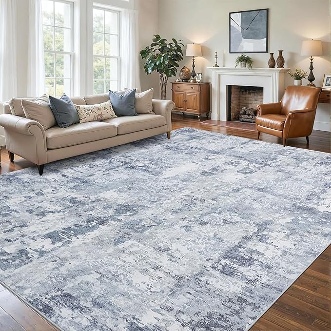 GarveeHome 9x12 Abstract Area Rugs Blue Washable Living Room Bedroom Rug | Soft Low Pile Non Slip Accent Rug for Living Room, Dining Room, Modern Neutral Beige Indoor Carpet