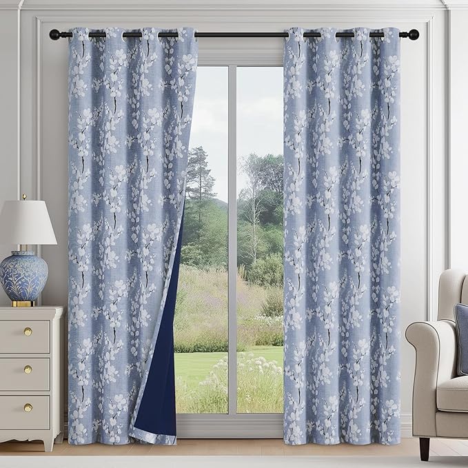 FMFUNCTEX 100% Blackout Blue Floral Curtains 90 Inch Long Grommet 2 Panels | Black Out Drapes, Thermal Insulated Cottage Farmhouse, Blossom Flower Patterned Curtain for Bedroom, Living Room Darkening