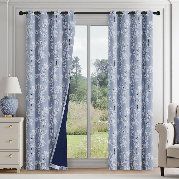 FMFUNCTEX 100% Blackout Blue Floral Curtains 84 Inch Long Grommet 2 Panels | Black Out Drapes, Thermal Insulated Cottage Farmhouse, Blossom Flower Patterned Curtain for Bedroom, Living Room Darkening