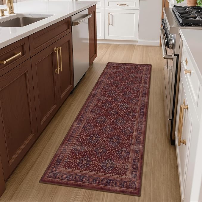 Amber Red 2x6 Kitchen Runner Rugs Non Skid Washable, Earth Tone Vintage Distressed Carpet Runners for Hallways 6ft, Luxurious Boho Floral Trellis Runner Bedroom/Bathroom/Entryway/Laundry Room