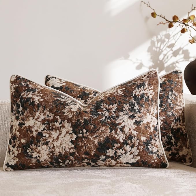 DEZENE Pack of 2 Vintage Floral Pillow Covers 12x20 Boho Farmhouse Accents Chenille Rectangular Lumbar Decorative Throw Pillow Cases for Living Room Couch Bed Home Decor, Dark Brown