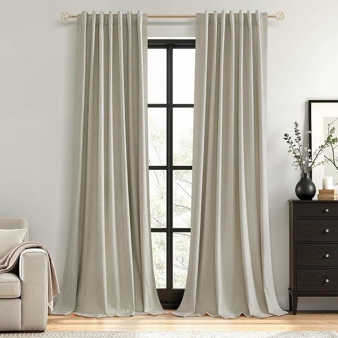Guken 100% Blackout Linen Curtains for Bedroom 90 inches Long, Thermal Insulated Room Darkening Black Out Drapes for Living Room, Back Tab Rod Pocket 2 Panels Set,Ecru,52x90