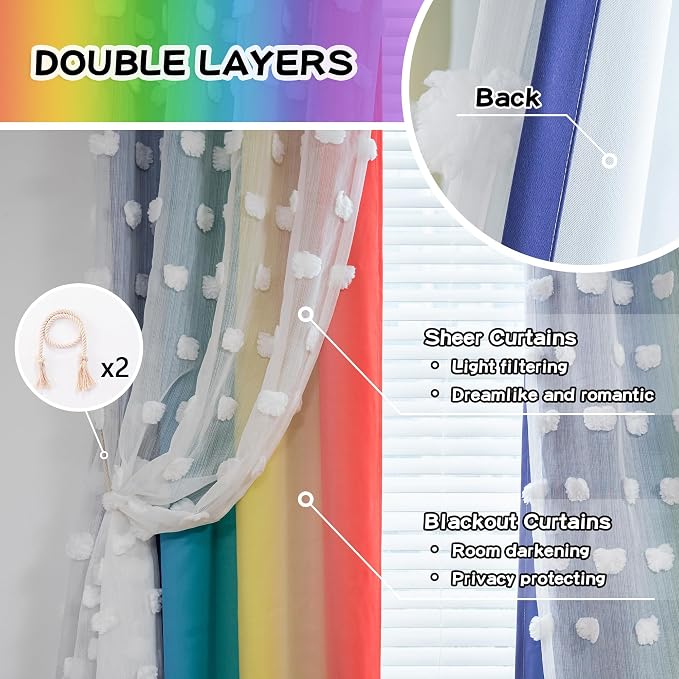 MYSKY HOME Pom Pom Sheer and Blackout Curtains Double Layer 63 Inches Long Kids Curtain for Girls Bedroom Son Room Ombre Room Darkening Window Drapes Back Tab Rainbow 52 x 63 in 2 Panels