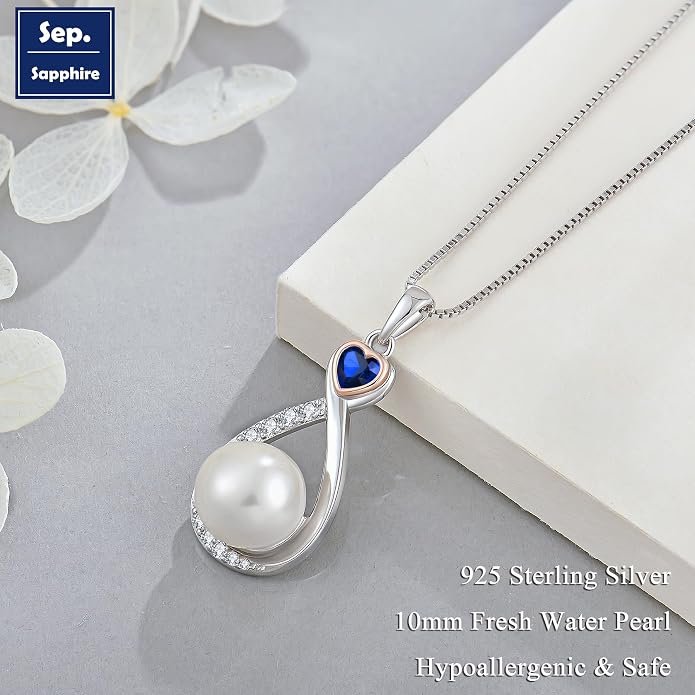 Heart Birthstone Pearl Pendant Necklace, 925 Sterling Silver Infinity Necklace with 10mm Freshwater Cultured Pearl & 4mm Gemstone Jewelry for Women