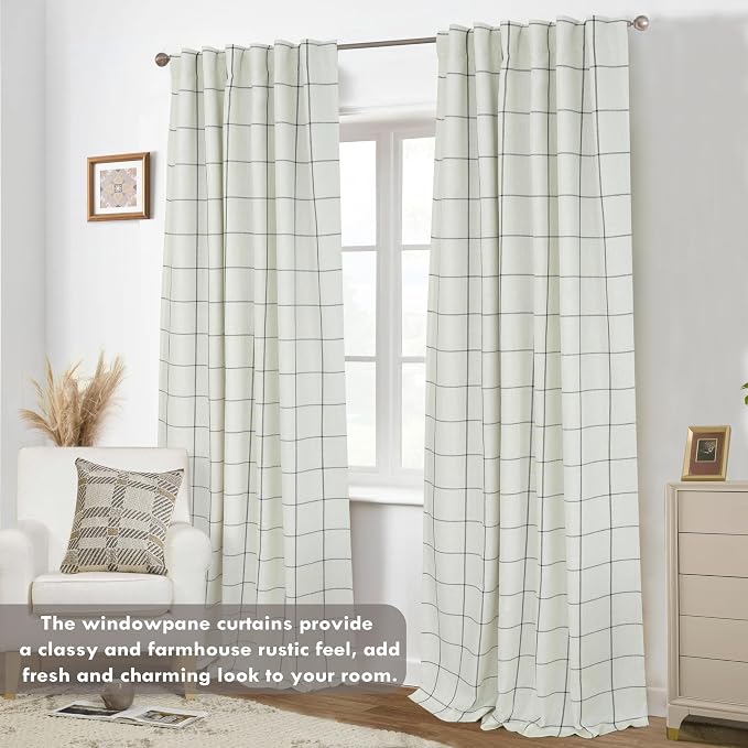 DriftAway 100% Blackout Plaid Linen Curtains 96 Inches Long 2 Panels Black | 100% Blackout, Linen Texture, Plaid Pattern, Two Layers, Rod Pocket & Back Tab, Bedroom Living Room Use, Luxury Appearance