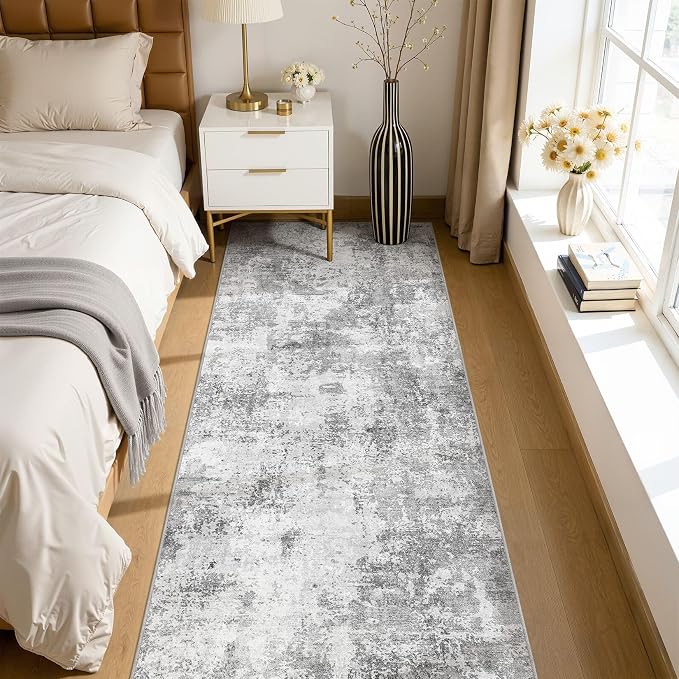 Washable Runner Rug 3x8, Non Slip Neutral Area Rug for Hallway | Modern Abstract Carpet, Stain Resistant and Kid & Pet Friendly, Made for Kitchen, Bedroom, Entryway, Laundry, Kitchen - Gray